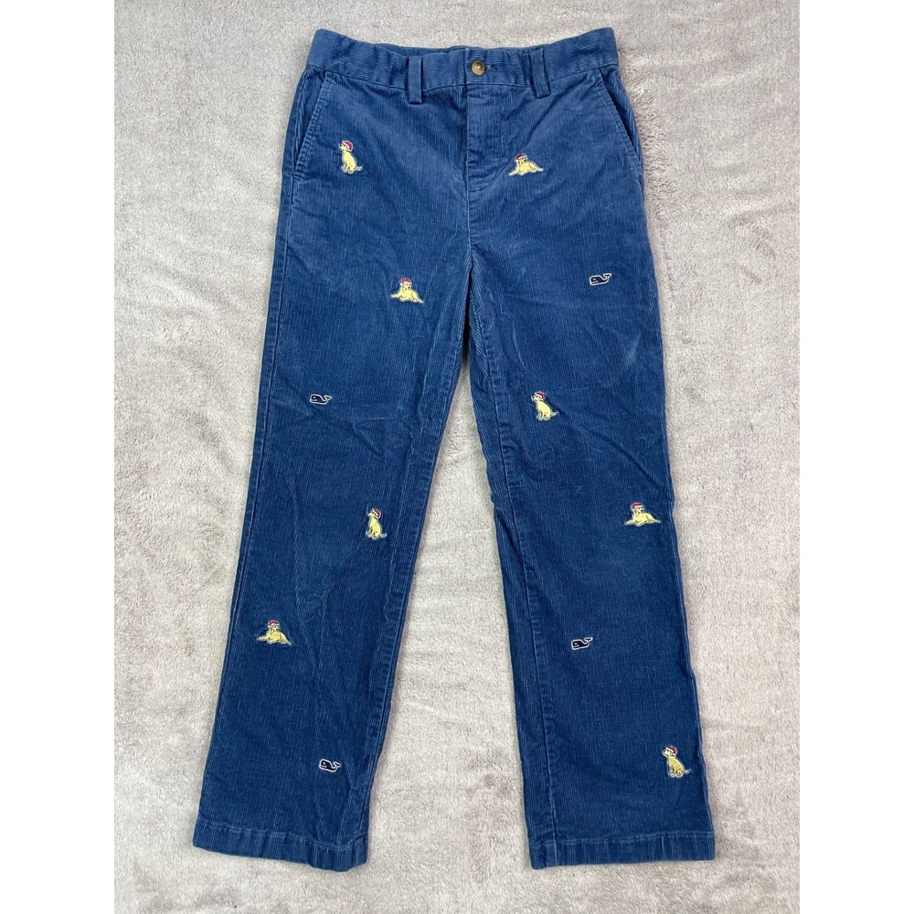 Vineyard Vines Boys Size 12 Navy Blue Corduroy Pants Santa Dog Whale Embroidered